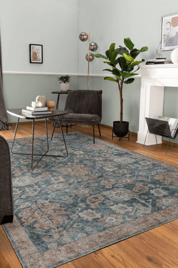 Private85 Blue Orange Oriental Bordered Living Room Rug
