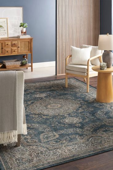 Private85 Blue Beige Oriental Bordered Bedroom Rug