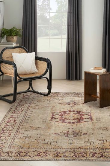 Private85 Beige Red Oriental Bordered Bedroom Rug