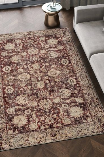 Private85 Beige Red Oriental Bordered Living Room Rug