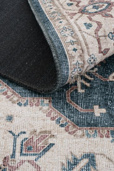 Private85 Blue Beige Oriental Bordered Living Room Rug