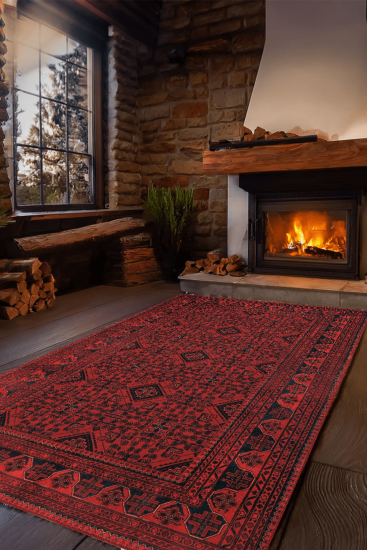 Private85 Red black Modern Oriental Bedroom Rug