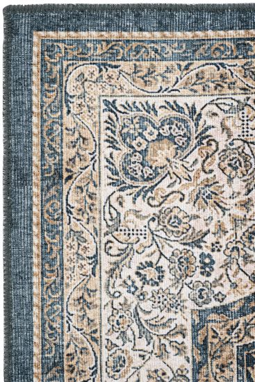 Private85 Blue Beige Oriental Bordered Bedroom Rug