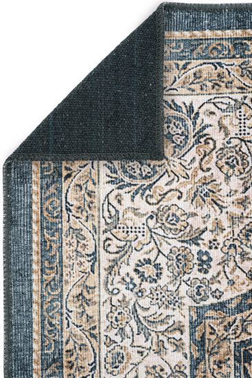 Private85 Blue Beige Oriental Bordered Bedroom Rug