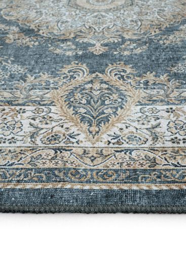 Private85 Blue Beige Oriental Bordered Bedroom Rug