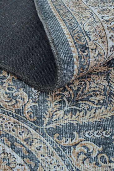 Private85 Blue Beige Oriental Bordered Bedroom Rug