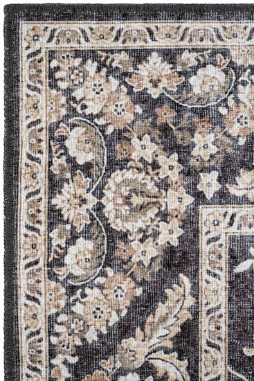 Private85 Black Cream Oriental Bordered Bedroom Rug