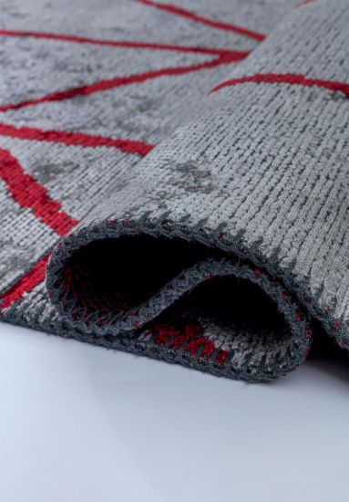 Lush Grey & Red Geometric Living Room Rug
