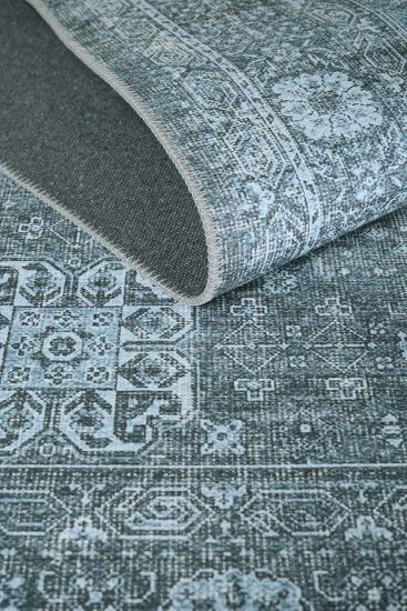 Private85 Blue Patterned Bordered Living Room Rug