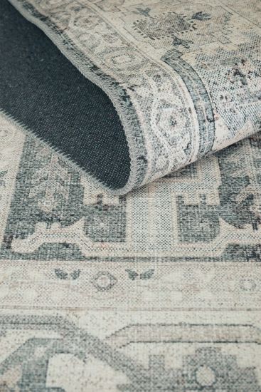 Private85 Cream Blue Patterned Bordered Living Room Rug