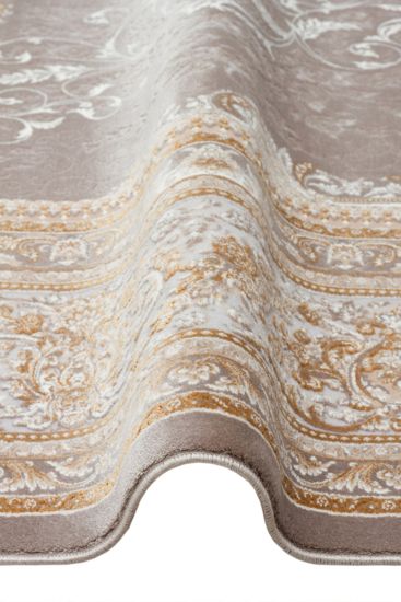 Zumrut85 Beige Grey Patterned Bordered Living Room Rug