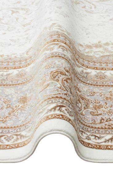 Zumrut85 Beige White Patterned Bordered Living Room Rug