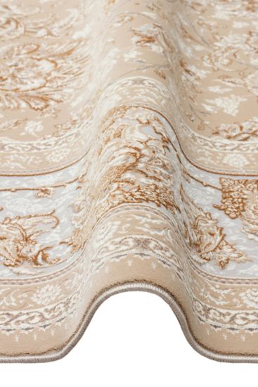 Zumrut85 Beige Cream Patterned Bordered Bedroom Rug