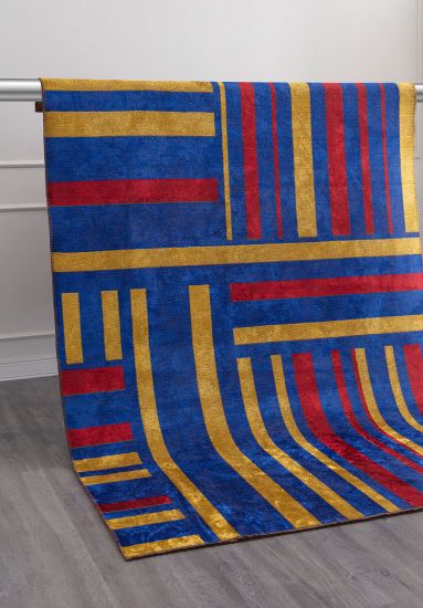 Fluffy Blue & Yellow Geometric Modern Rug