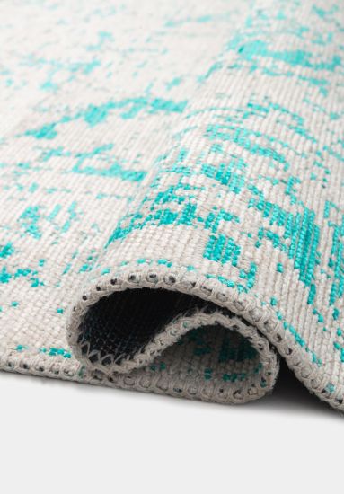 Embellished Cream & Blue  Distressed Bedroom Rug