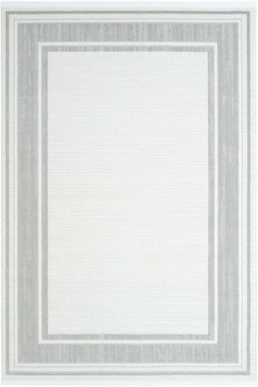 Arezzo85 Grey White Patterned Bordered Bedroom Rug