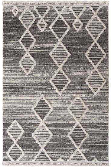 Saptrika Grey Cream Patterned Geometric Living Room Rug