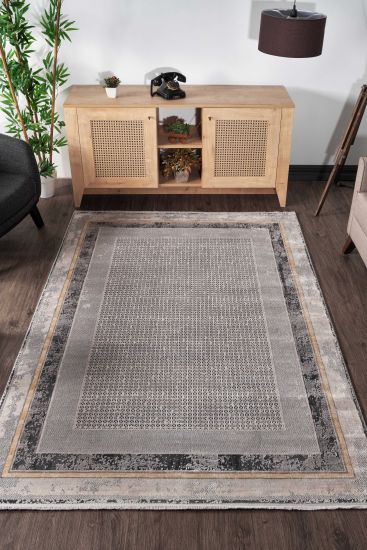 Gravitas Charcoal Bordered Distressed Living Room Rug
