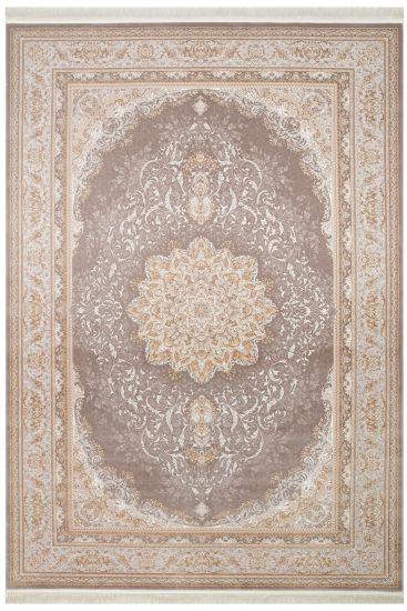 Zumrut85 Beige Grey Patterned Bordered Living Room Rug