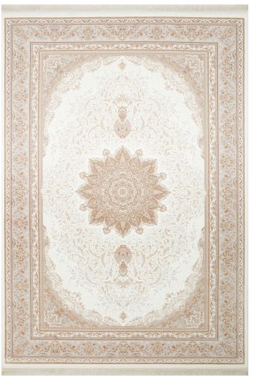 Zumrut85 Beige White Patterned Bordered Living Room Rug