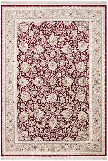 Zumrut85 Beige Red Patterned Bordered Bedroom Rug