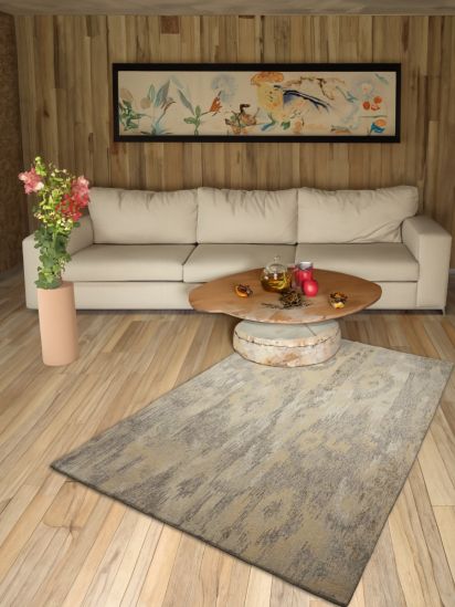 Modern Beige Woolen Abstract Hand-Tufted Living Room Rug