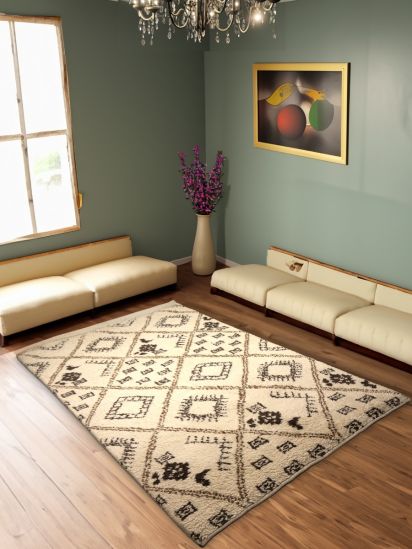 Contemporary Beige Geometric Hand-Knotted Rug