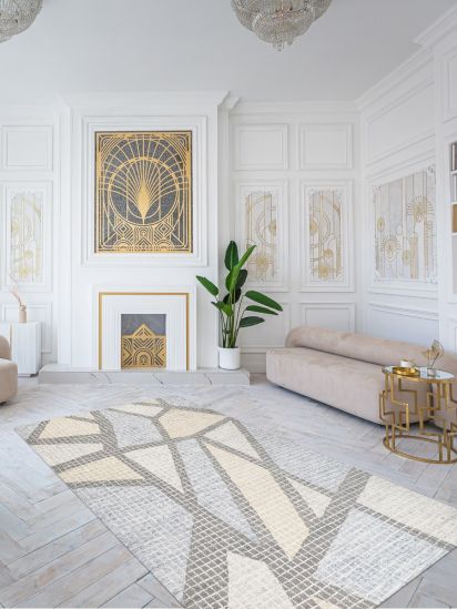 Beige Grey Woolen Geometric Hand-Tufted Area Rug