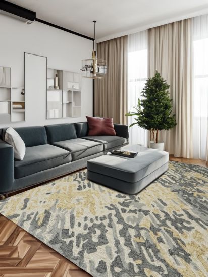 Modern Woolen Yellow & Grey Abstract Living Room Rug
