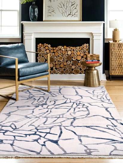 Luminous Blue Abstract Cream Living Room Rug