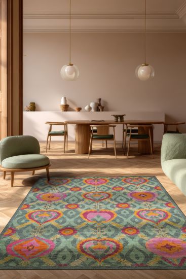 Beylerbeyi85 Green Multicolour Modern Kilim Area Rug