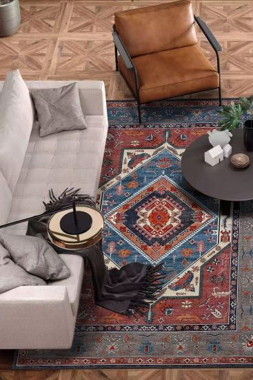 Beylerbeyi85 Blue Red Modern Persian & Oriental Area Rug