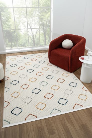 Frizzle Cream Multicolour Modern Geometric Bedroom Rug
