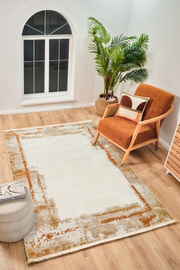 Perre75 Cream Beige Abstract Bordered Indoor Rug