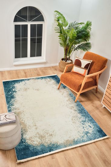 Perre75 Beige Blue Modern Abstract Living Room Rug