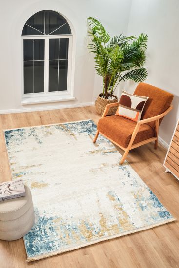 Perre75 Cream Blue Modern Abstract Bedroom Rug