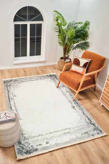 Perre75 Cream Grey Geometric Patterned Bedroom Rug