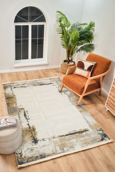 Perre75 Cream Grey Abstract Bordered Bedroom Rug