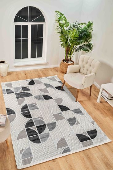 Boyut75 Cream Grey Modern Geometric Bedroom Rug