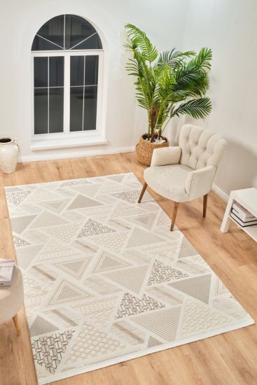 Boyut75 Beige Cream Geometric Scandi Living Room Rug
