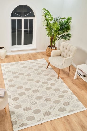 Boyut75 Cream Beige Trellis Geometric Bedroom Rug
