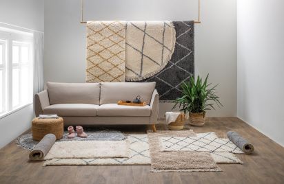 Fizzle Cream & Blue Geometric Bedroom Rug