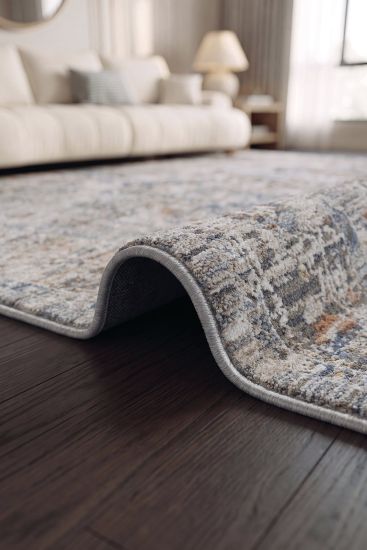 Prime85 Beige Blue Patterned Bordered Living Room Rug
