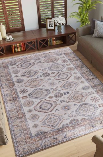 Baskili Beige Multicolour Modern Persian & Oriental Living Room Rug