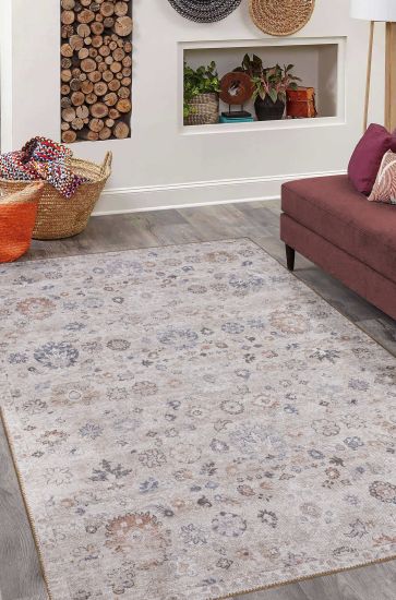 Baskili Beige Grey Modern Floral Bedroom Rug