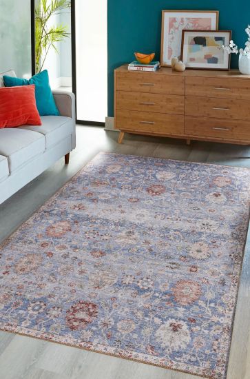 Baskili Blue Copper Floral Bedroom Rug