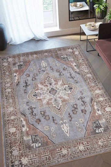 Baskili Brown Grey Modern Persian & Oriental Bedroom Rug