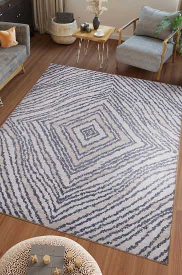Baskili Cream Grey Geometric Patterned Living Room Rug