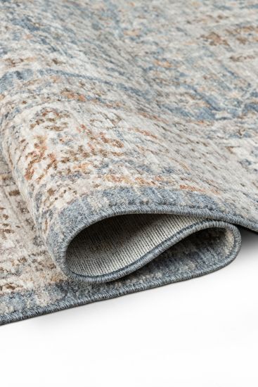 Seremoni85 Beige Blue Patterned Bordered Living Room Rug