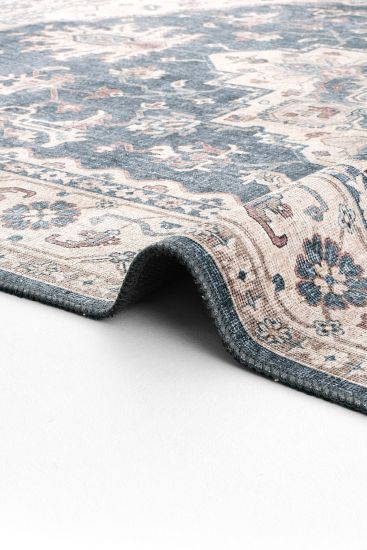 Private85 Blue Beige Oriental Bordered Living Room Rug